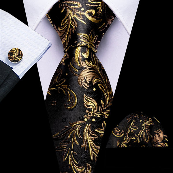 elegant brown floral black mens tie pocket square cufflinks set