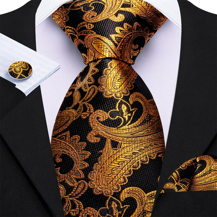 fashion paisley silk gold black ties for wedding