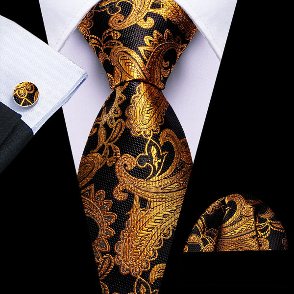 classic paisley gold black floral suit dress tie pocket square cufflinks set