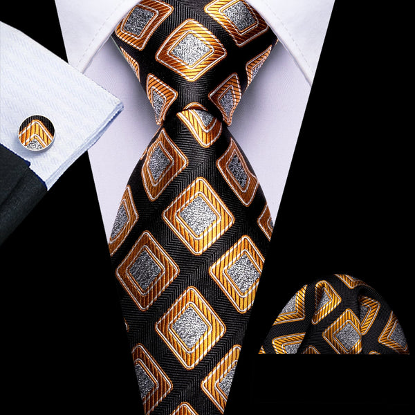 A timeless classic plaid silk mens black and gold shirt dress tie pocket square cufflinks set