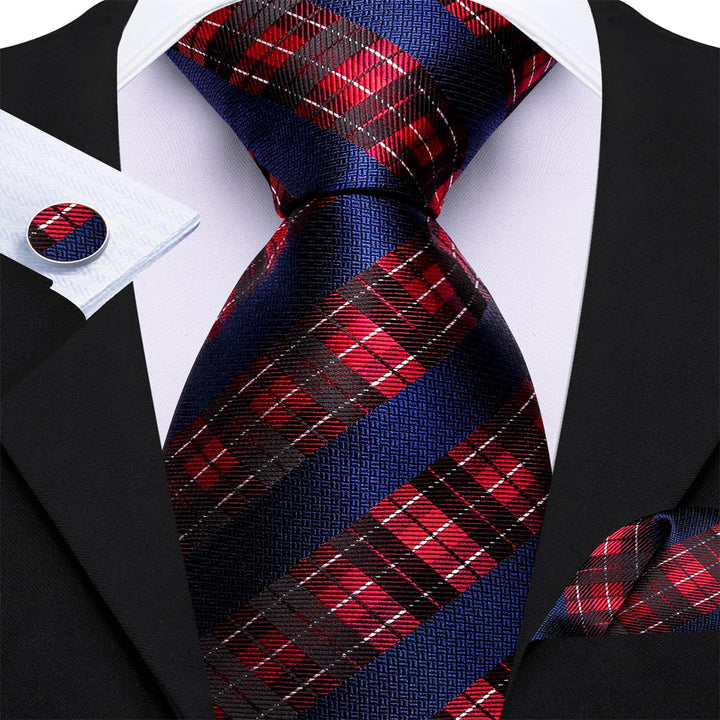 new arrival striped silk mens navy blue and red wedding ties pocket square cufflinks set