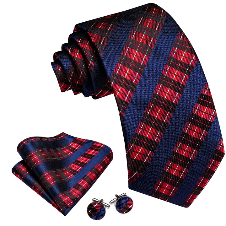 new arrival striped silk mens navy blue and red wedding ties pocket square cufflinks set