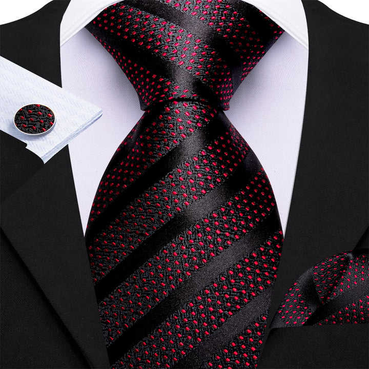 fashion striped silk black and red suit jacket tie handkerchief cufflinks set