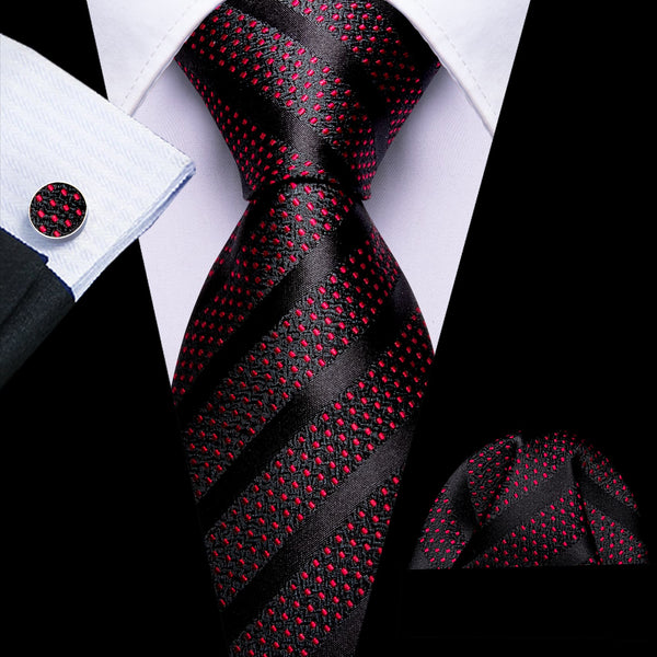 classic business work striped black red suit tie handkerchief cufflinks set