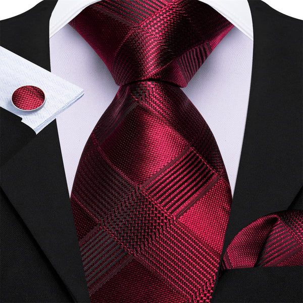 fashion wedding design plaid red burgundy tie handkerchief cufflinks set