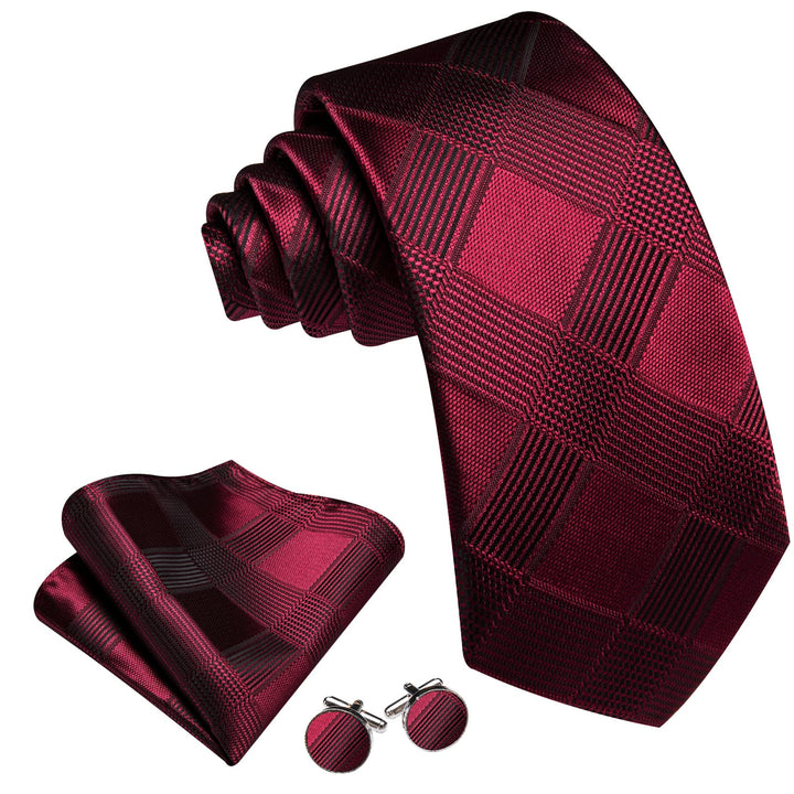 classic plaid silk mens red maroon tie pocket square cufflinks set for wedding suit dress