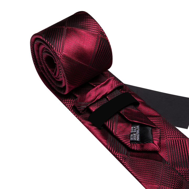 classic plaid silk mens red maroon tie pocket square cufflinks set for wedding suit dress