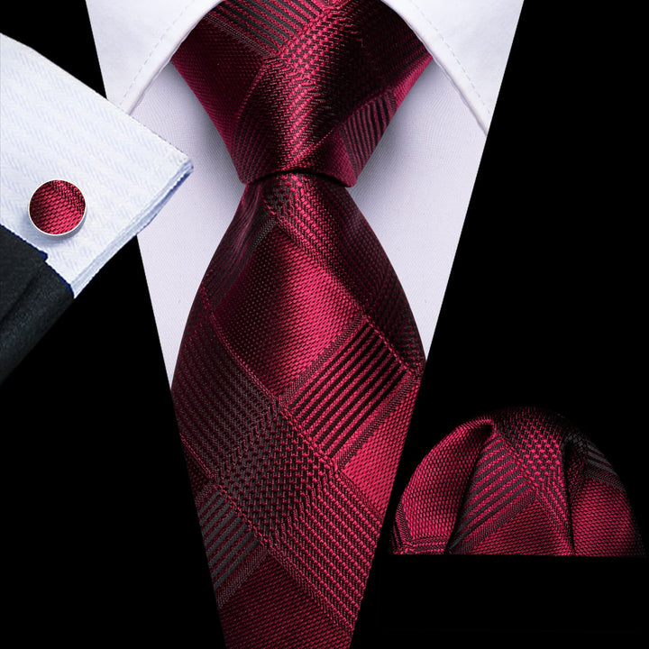 classic plaid silk mens red maroon tie pocket square cufflinks set for wedding suit dress