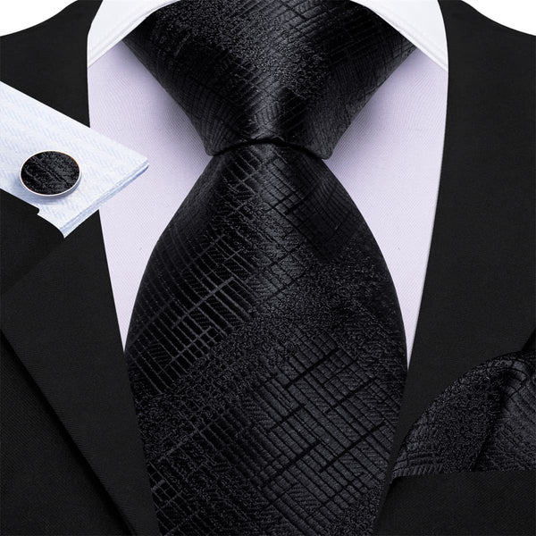 classic black solid silk mens business suit tie handkerchief cufflinks set