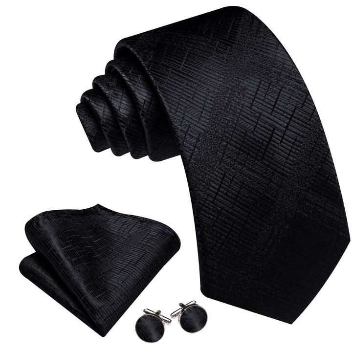 classic solid silk mesn black necktie pocket square cufflinks set