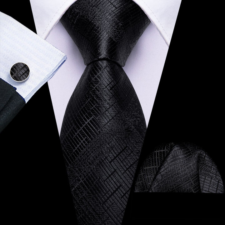 classic solid silk mesn black necktie pocket square cufflinks set