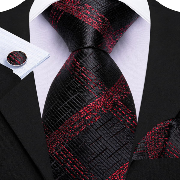 business plaid silk black suit burgundy tie handkerchief cufflinks set