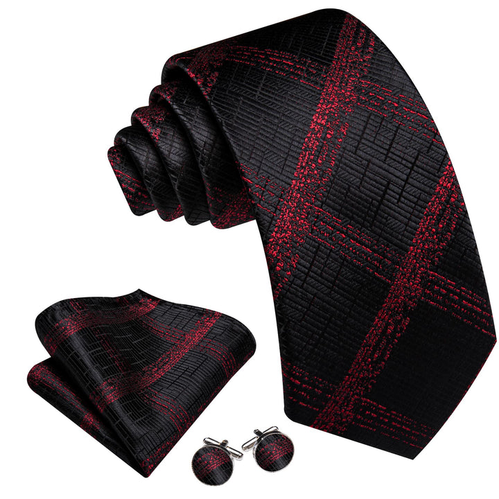 classic plaid black Burgundy red necktie pocket square cufflinks set