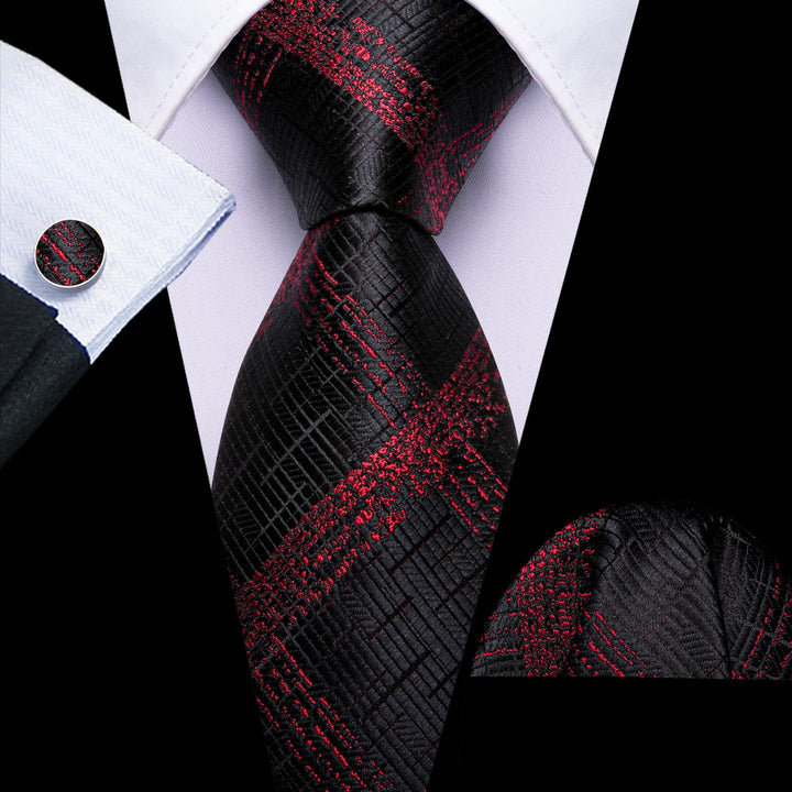 classic plaid black Burgundy red necktie pocket square cufflinks set