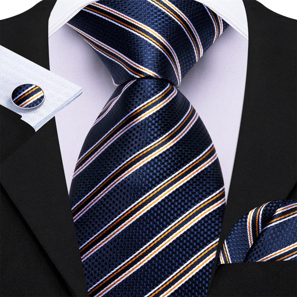 classic business striped silk mens blue and gold tie handkerchief cufflinks set