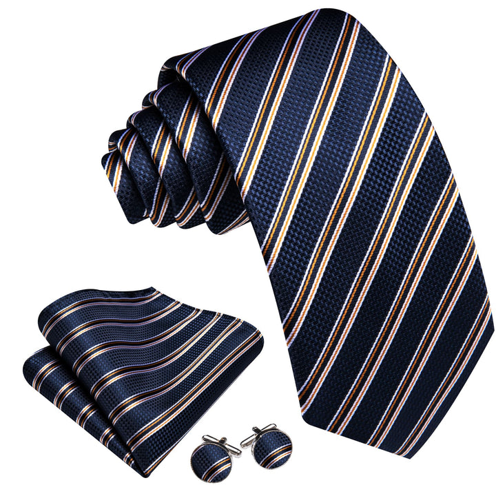 business design silk brown white blue striped tie handkerchief cufflinks set