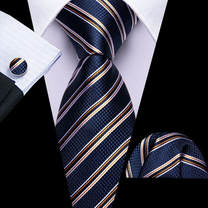 business design silk brown white blue striped tie handkerchief cufflinks set