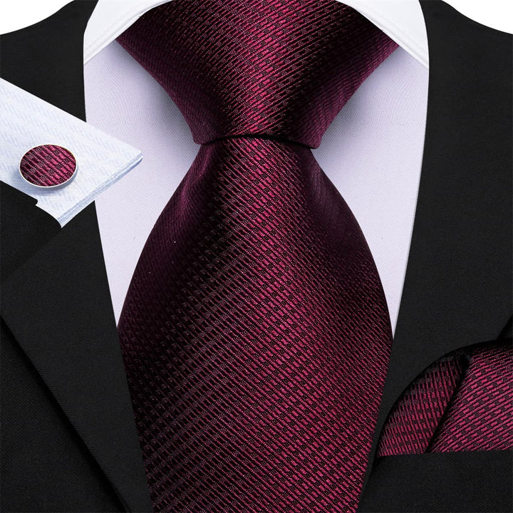 hot sale summer mens wedding solid Burgundy red neck tie handkerchief cufflinks set