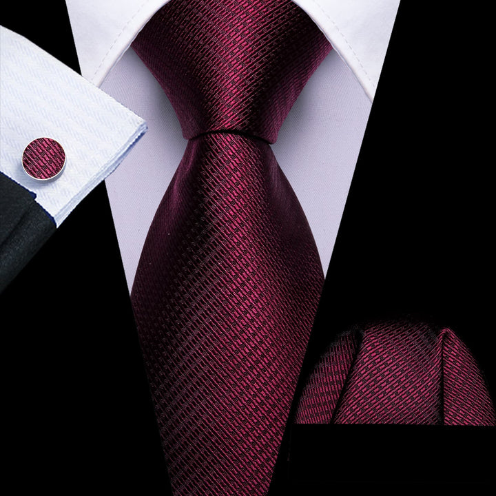 fashion wedding solid silk mens red maroon ties handkerchief cufflinks set for summer