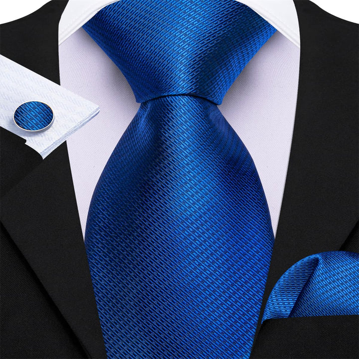 fashion business design silk solid mens blue ties handkerchief cufflinks set