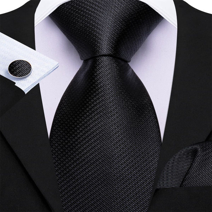 classic business work solid silk mens black ties handkerchief cufflinks set for suit