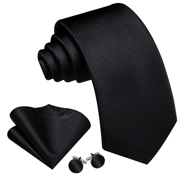 classic solid black neck tie handkerchief cufflinks set