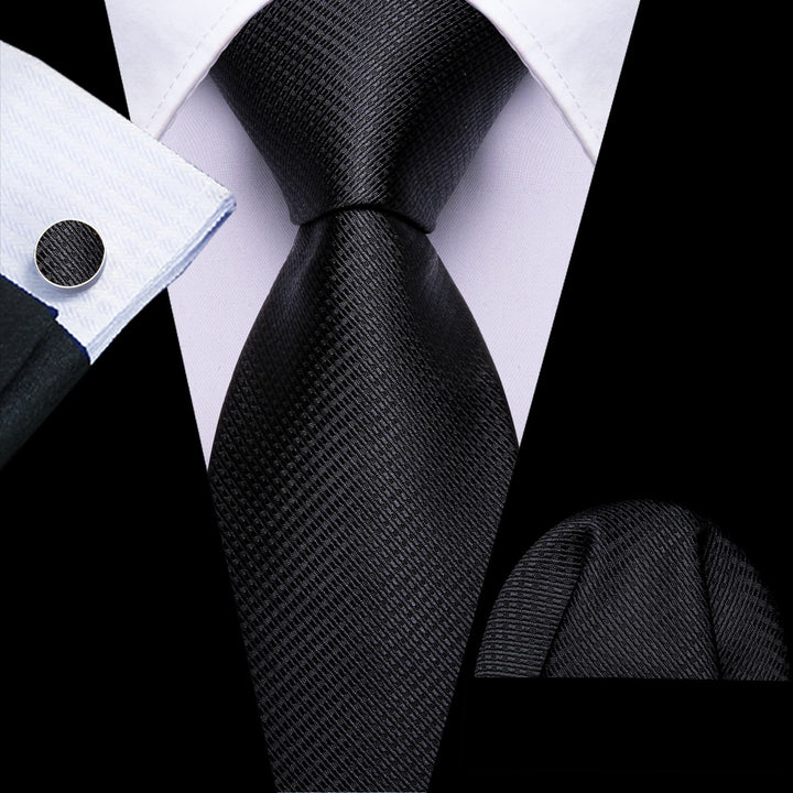 classic solid black neck tie handkerchief cufflinks set