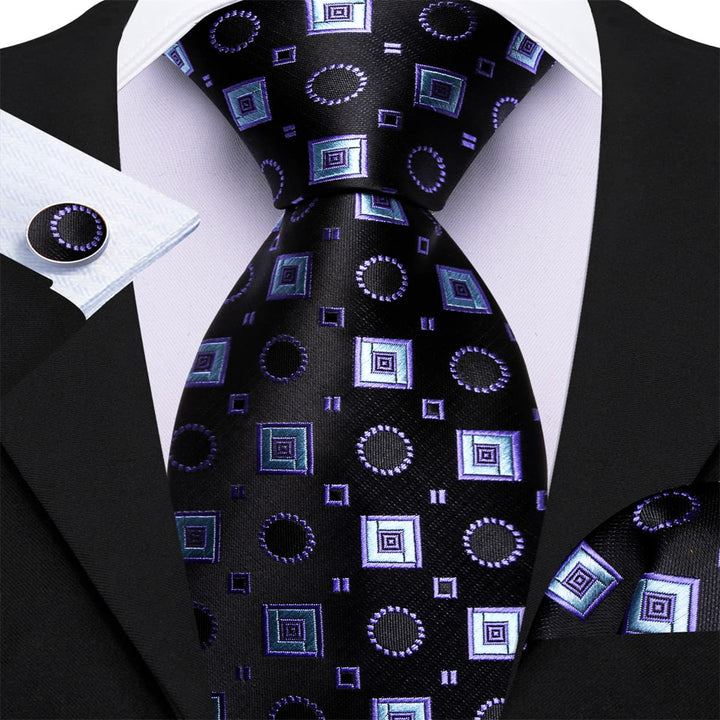 fashion design black purple blue geometric novelty silk mens purple ties pocket square cufflinks set