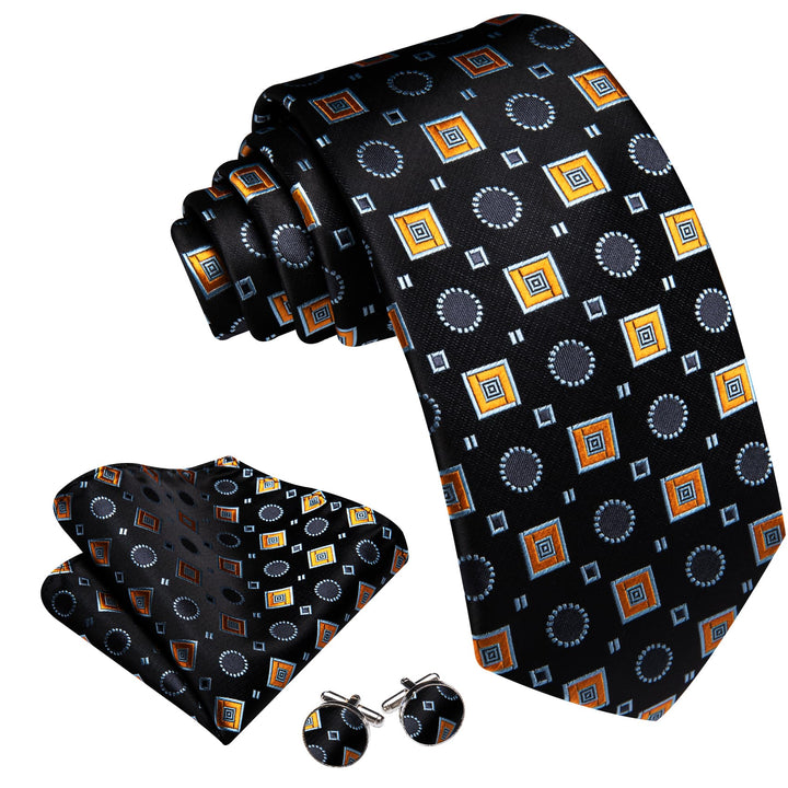 fashion black gold geometric silk neck tie pocket square cufflinks set for men