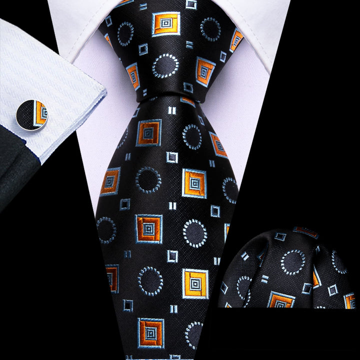 fashion black gold geometric silk neck tie pocket square cufflinks set for men