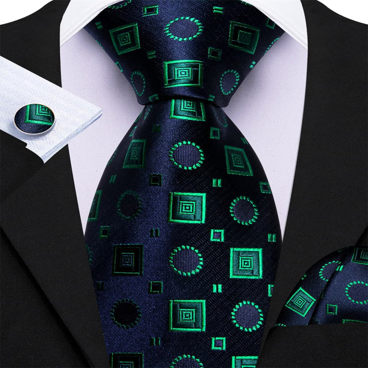 Unique geometric novelty tie design Emerald Green royal blue ties pocket square cufflinks set