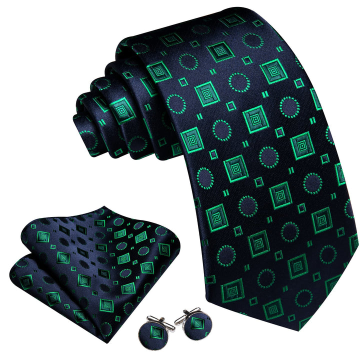 high quality silk circle square geometry navy blue green mens necktie pocket square cufflinks set