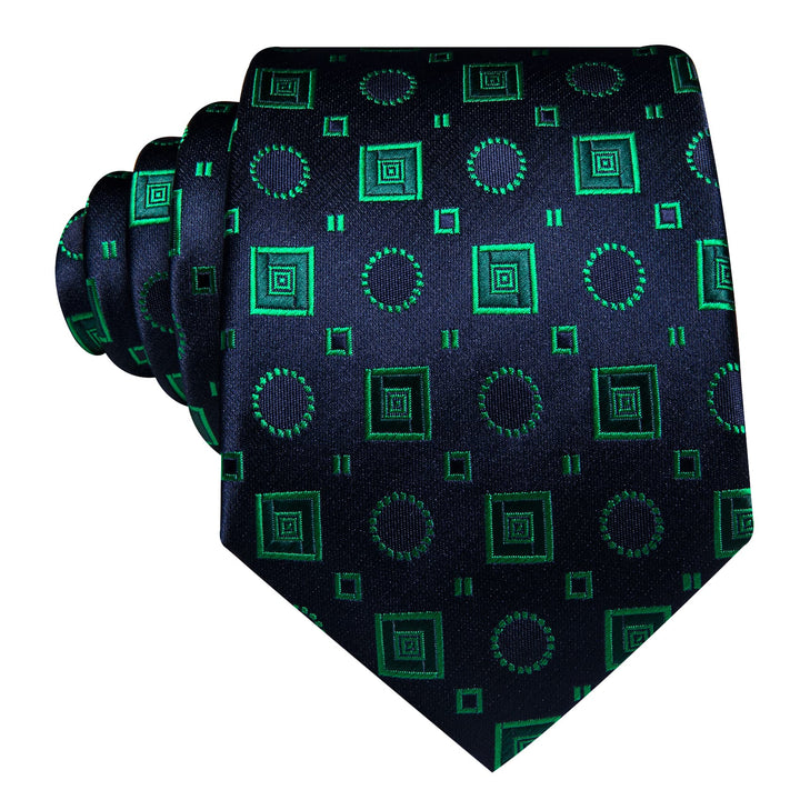 high quality silk circle square geometry navy blue green mens necktie pocket square cufflinks set