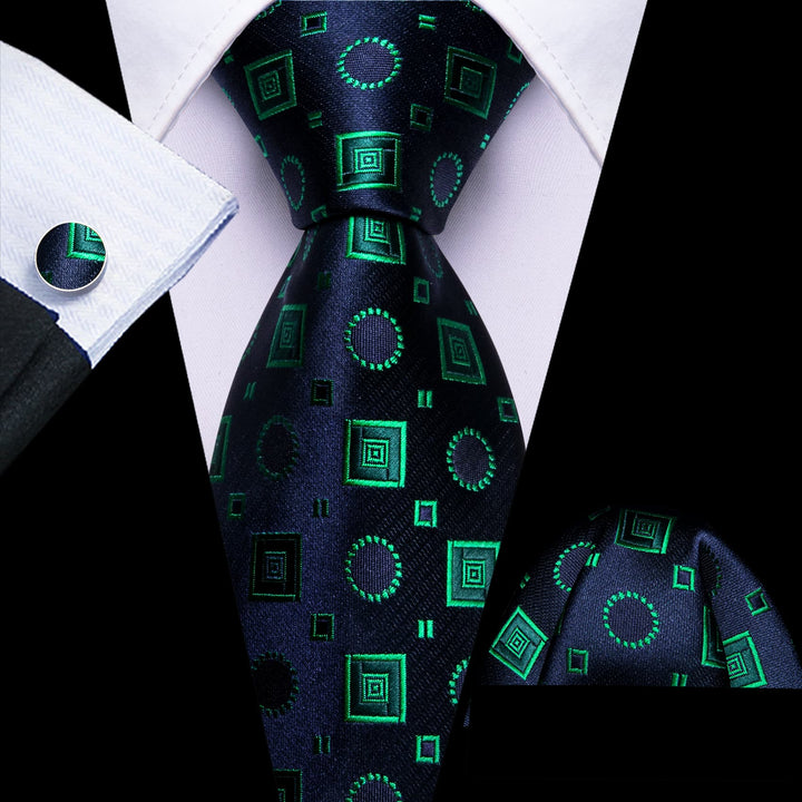 high quality silk circle square geometry navy blue green mens necktie pocket square cufflinks set