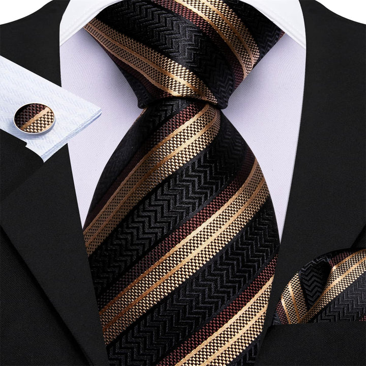 business striped black and brown tie pocket square cufflinks set for mens suit