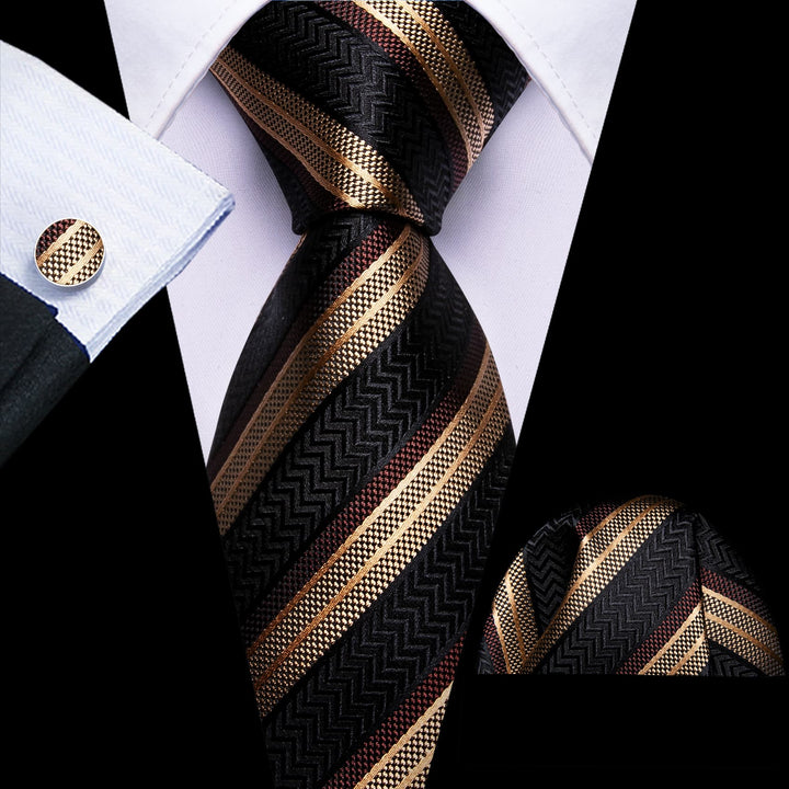 fashion wedding tie silk mens striped black brown ties pocket square cufflinks set for work meeting