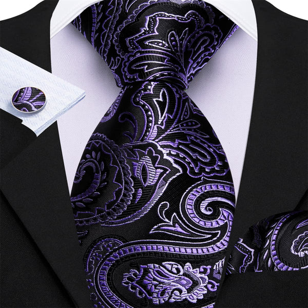 business wedding fashion black purple floral paisley fun ties pocket square cufflinks set