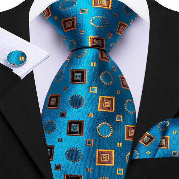 fashion high quality silk mens geometric deep blue tie pocket square cufflinks set for dress suit