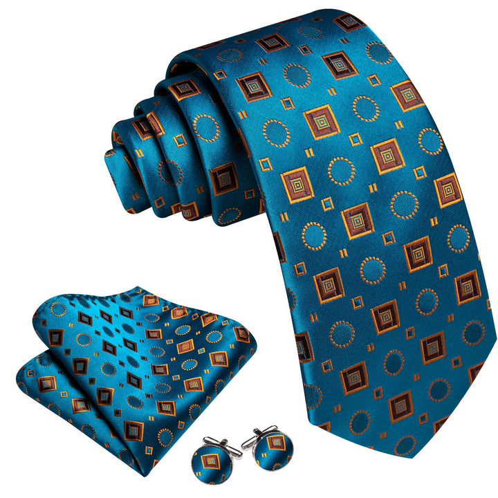 Men's timeless elegance silk geometric blue teal tie pocket square cufflinks set