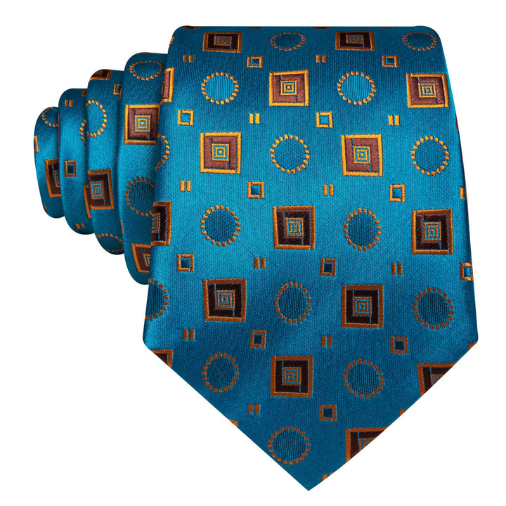 Men's timeless elegance silk geometric blue teal tie pocket square cufflinks set