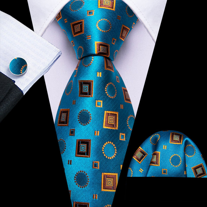 Men's timeless elegance silk geometric blue teal tie pocket square cufflinks set