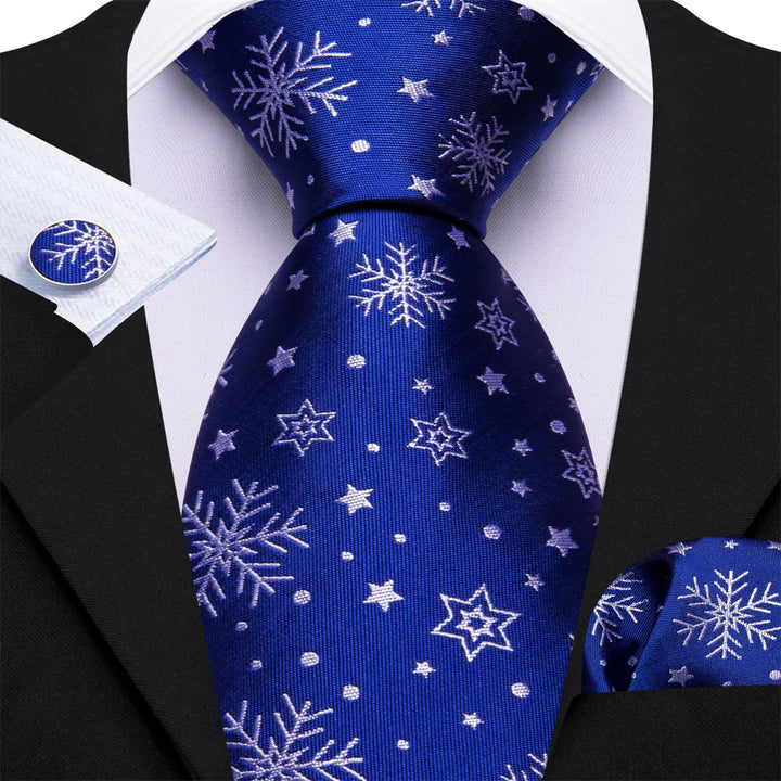 Christmas snow star novelty silk mens cobalt blue tie handkerchief cufflinks set