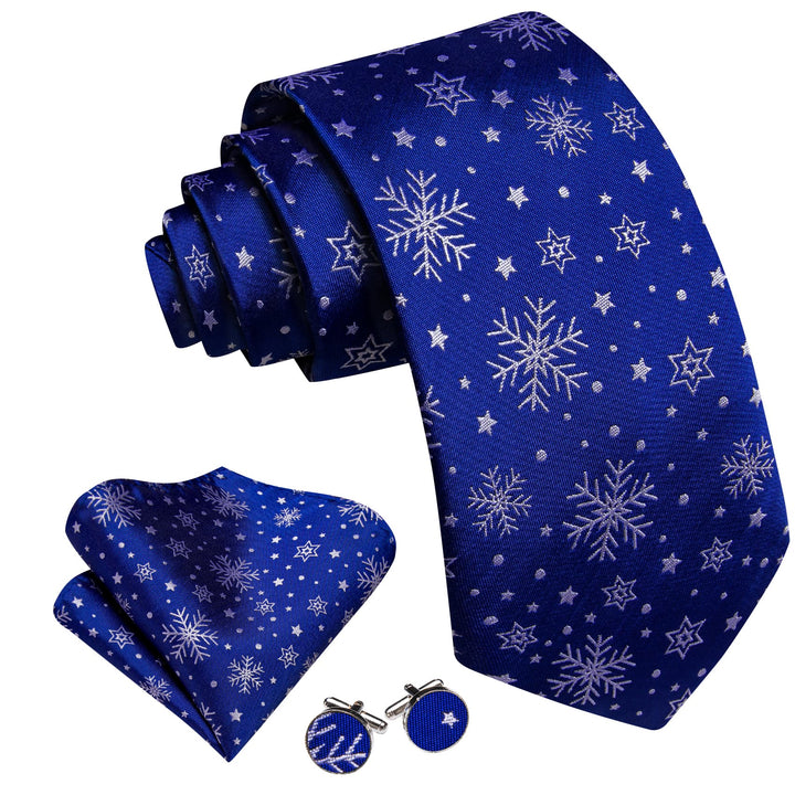 Christmas snow star novelty silk mens cobalt blue tie handkerchief cufflinks set