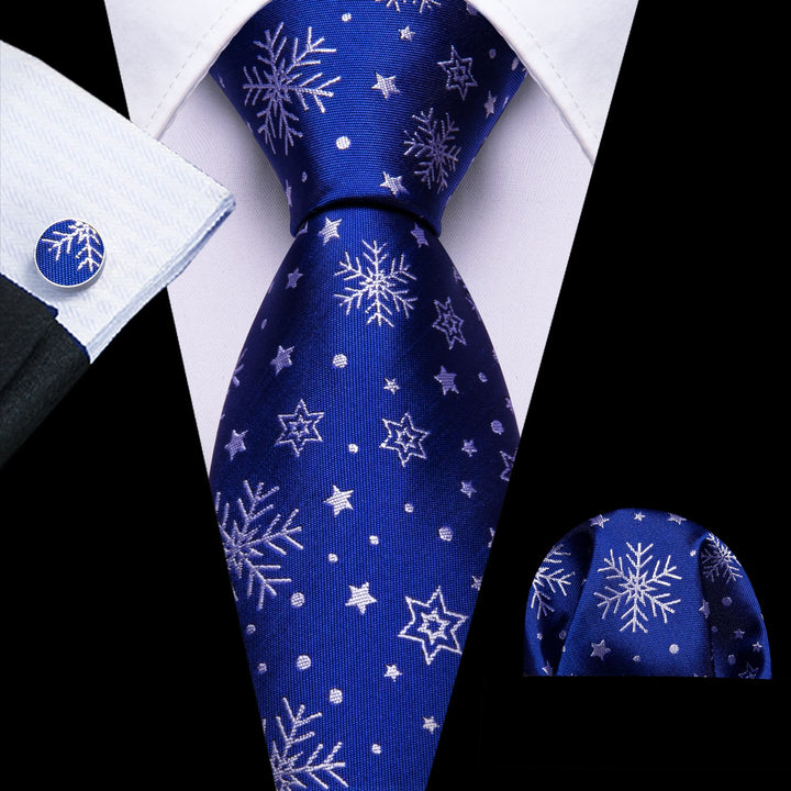 Christmas snow star novelty silk mens cobalt blue tie handkerchief cufflinks set