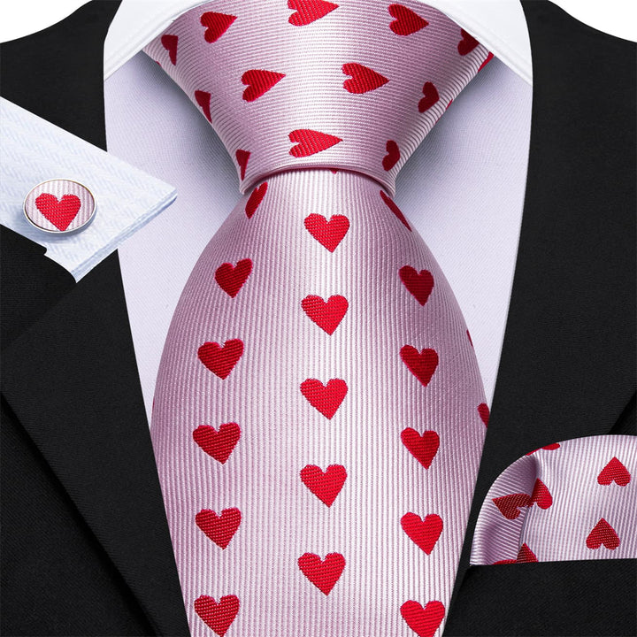 New light pink red novelty Valentine's Day men's design silk wedding ties pocket square cufflinks set