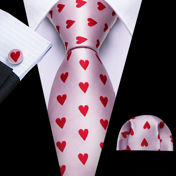 New light pink red novelty Valentine's Day men's design silk wedding ties pocket square cufflinks set