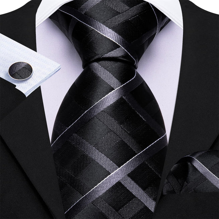 business suit dress work striped black dark grey tie pocket square cufflinks set