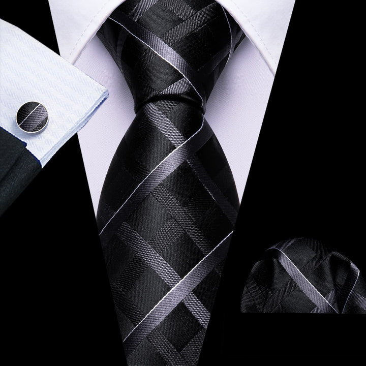 classic business suit striped black grey ties pocket square cufflinks set