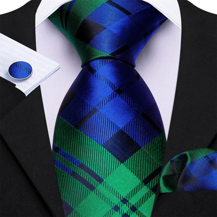 classic business plaid silk mens navy blue emerald green tie and pocket square cufflinks set