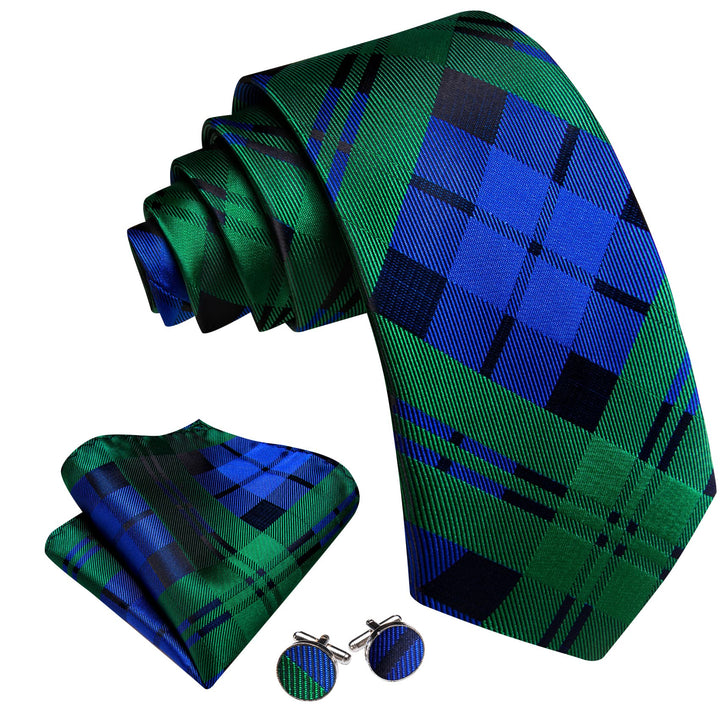 classic business plaid silk mens navy blue emerald green tie and pocket square cufflinks set